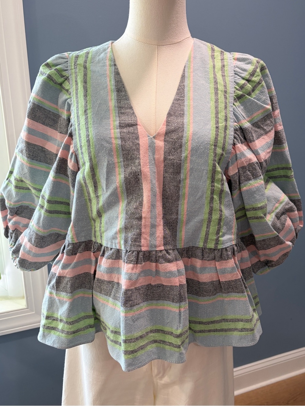 Hunter Bell NY Striped Linen Blend Puff Sleeve Peplum Top M
